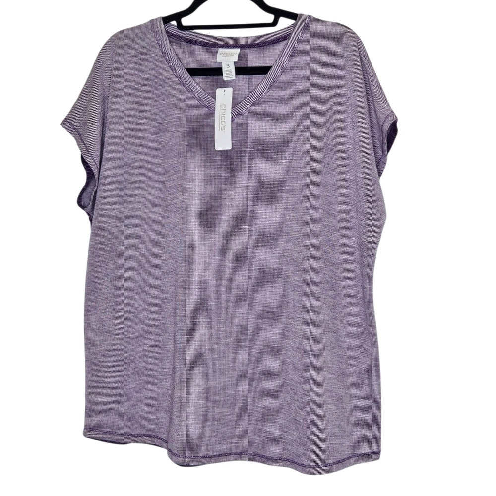 Weekends by Chico's Purple Knit V-Neck Short Sleeve Top 3 or L Basic Minimalist - Picture 1 of 9